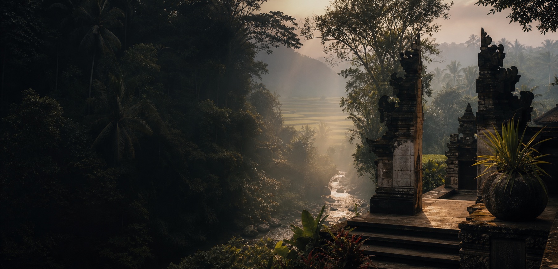 A misty Bali river valley with temple gates, rice terraces, and dense tropical forest at dawn.