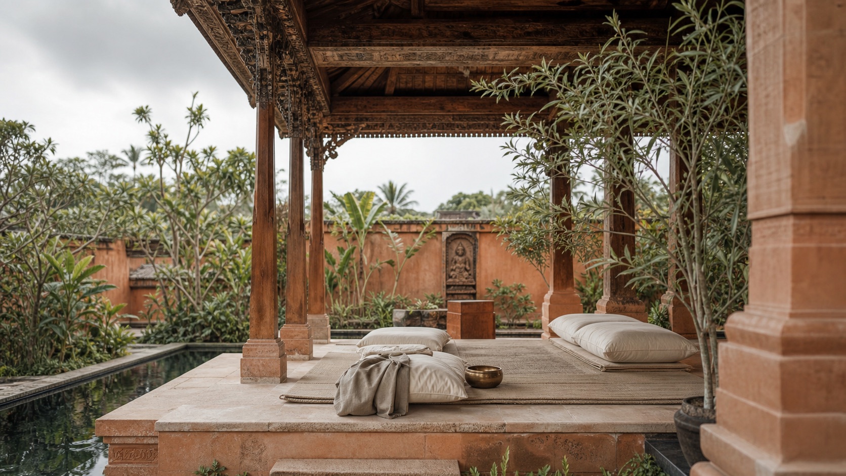 An empty open-air Bali pavilion with terracotta stone, carved timber, olive garden, and ivory floor cushions.