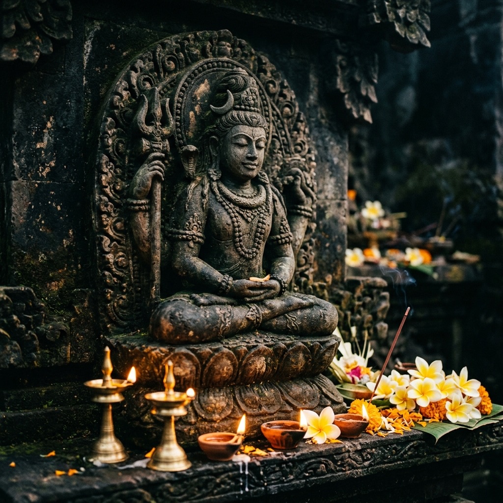 A weathered stone carving of Shiva seated in meditation with trident and crescent moon, set in a mossy temple niche with brass oil lamps, frangipani flowers, and burning incense laid before it.